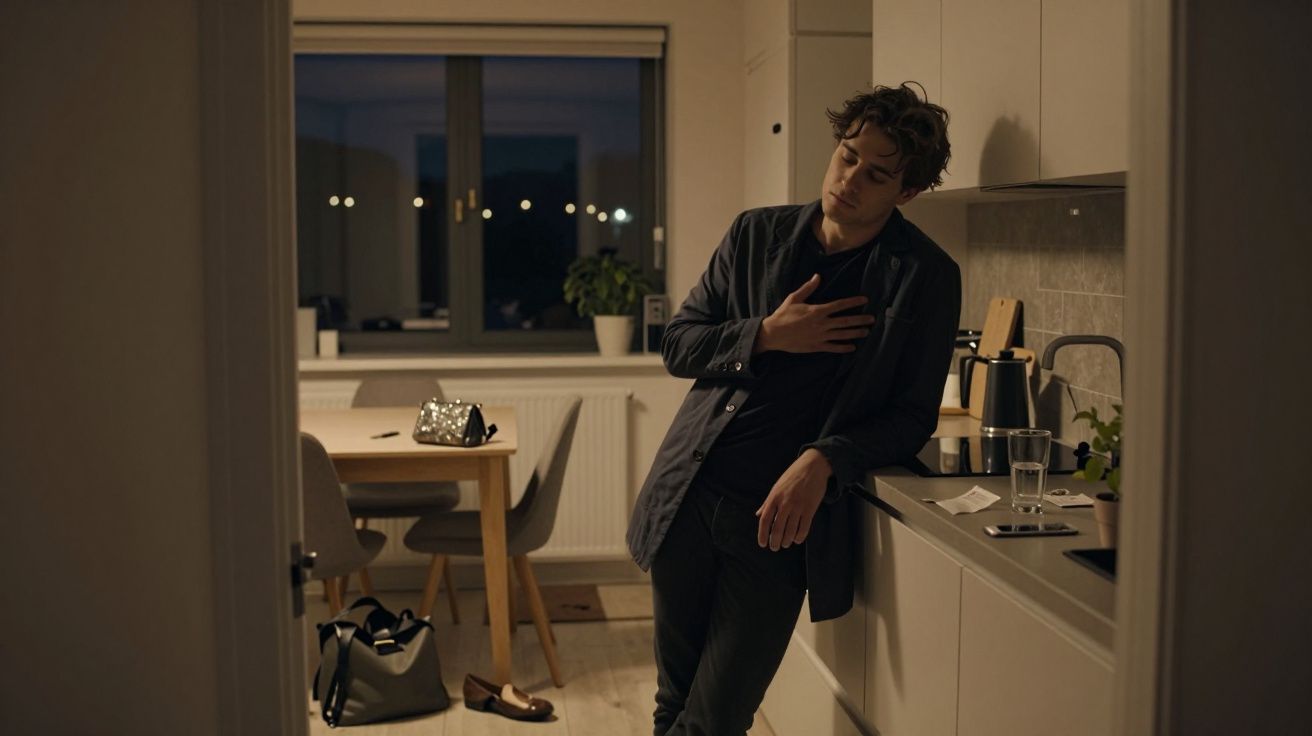 Hombre apoyado en la cocina con expresión pensativa, una mano en el pecho y zapatos y bolso en el suelo.