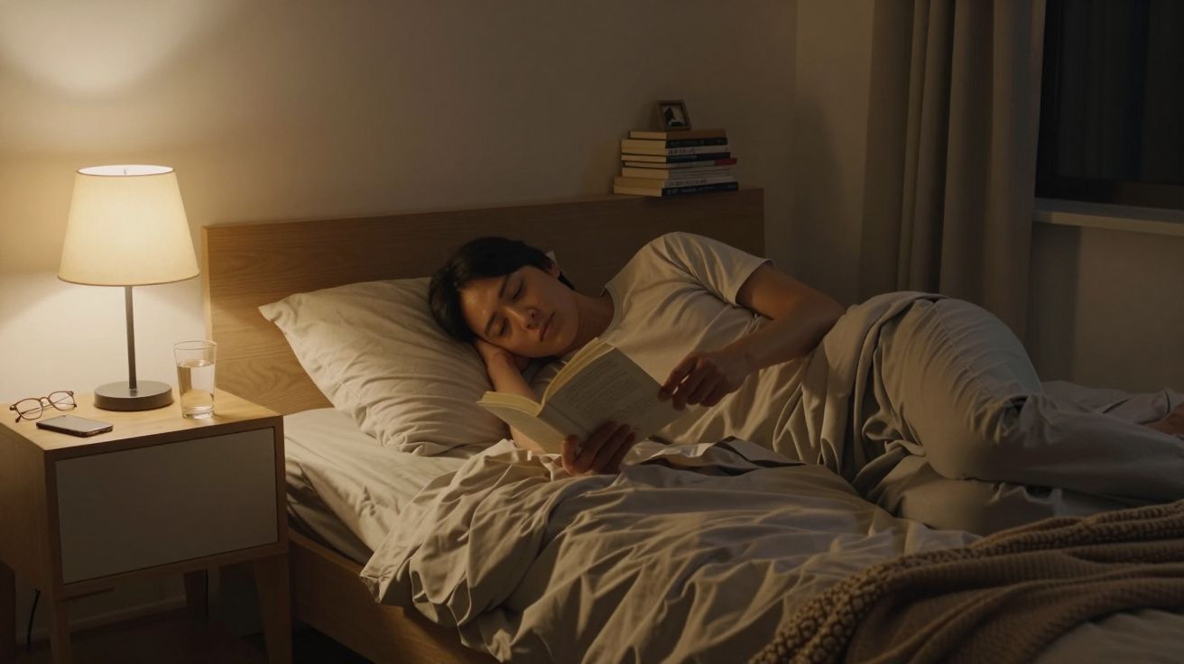 Persona en la cama leyendo un libro iluminado por una lámpara de mesa, con gafas y agua al lado.