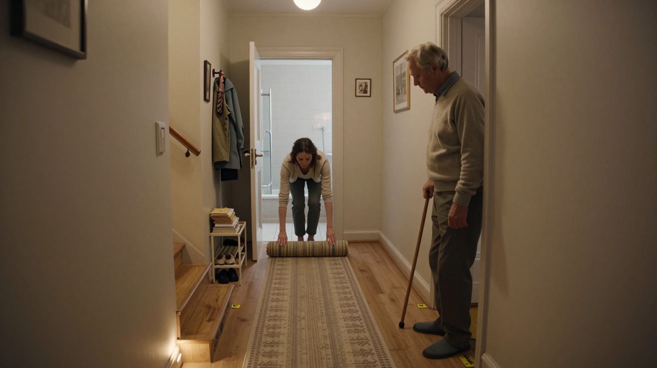 Persona enrollando una alfombra en el pasillo mientras un hombre mayor la observa con un bastón en la mano.