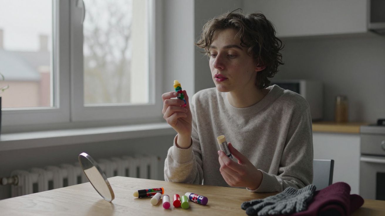 Persona sostiene un juguete de bloques y un bálsamo labial, sentada en la mesa de una cocina junto a una ventana.