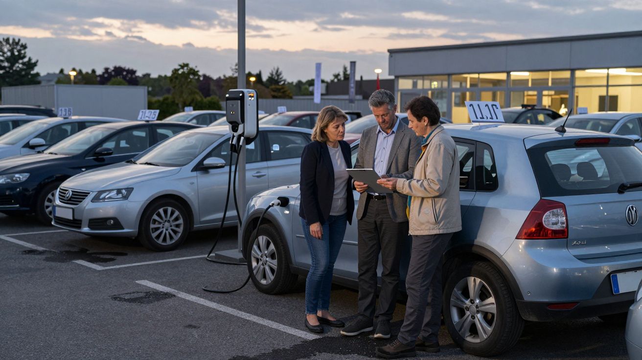 Tres personas observando una tablet junto a un coche eléctrico estacionado en un concesionario al atardecer.
