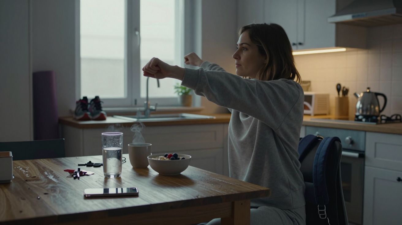 Mujer en sudadera se estira en una cocina, con desayuno y vaso de agua sobre la mesa.