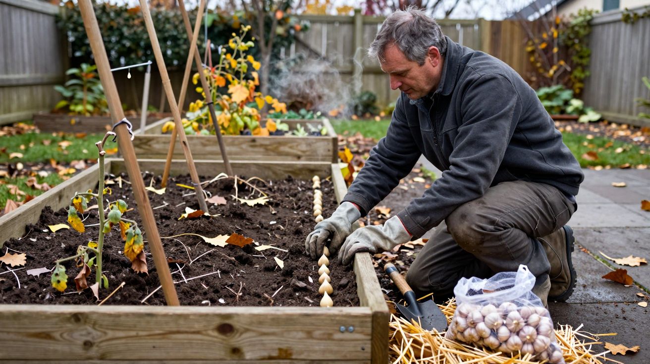Hombre plantando bulbos de ajo en un huerto elevado en un jardín durante el otoño, rodeado de hojas caídas.