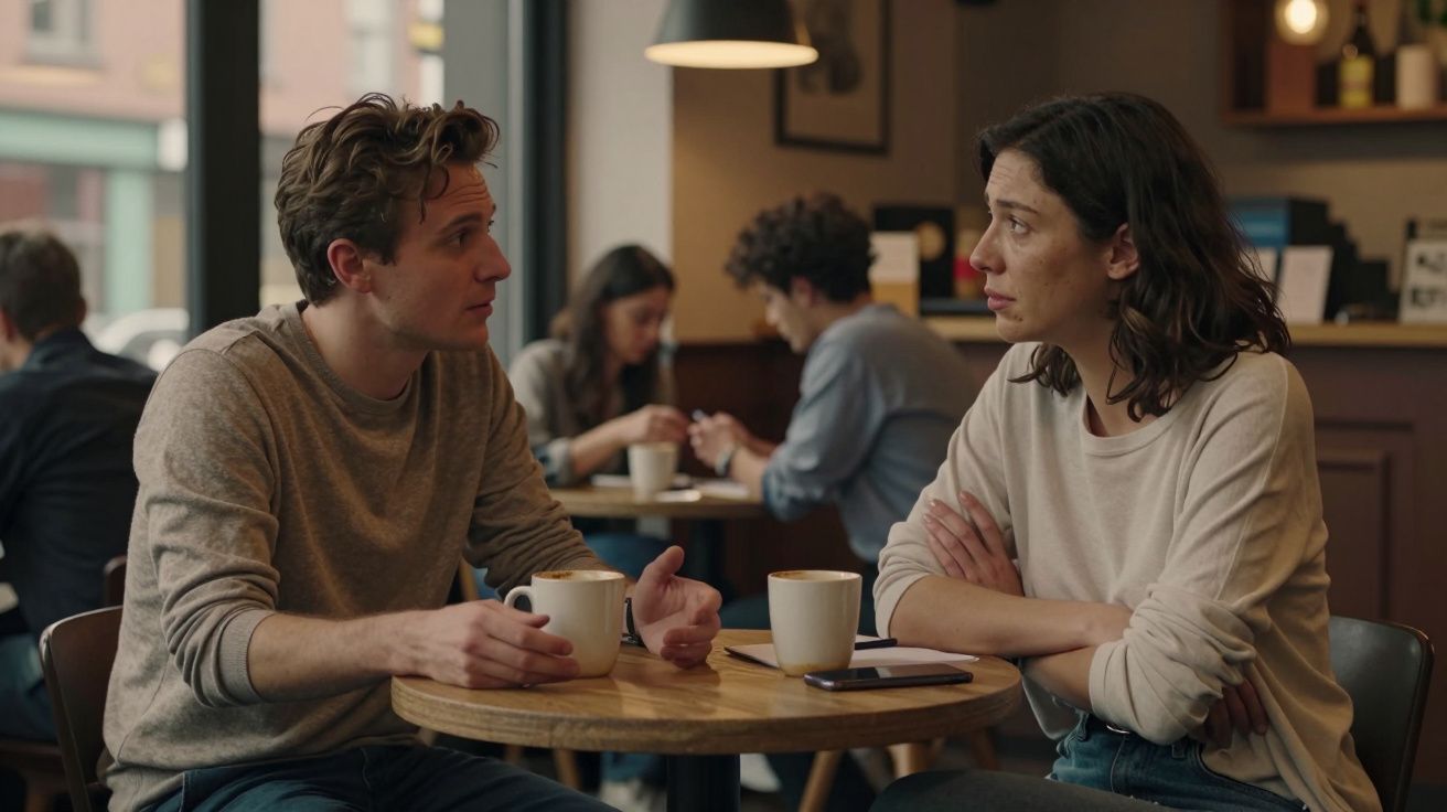 Dos personas conversando en una cafetería, ambos con tazas de café sobre la mesa.
