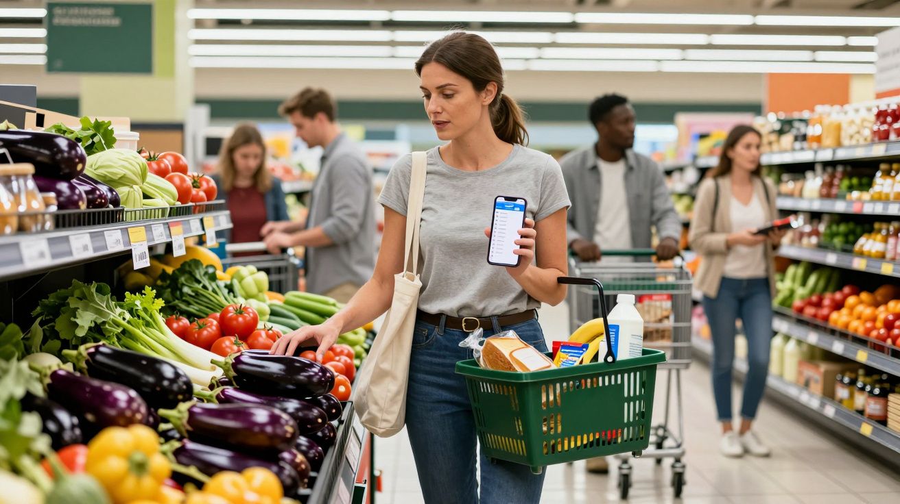 Mujer comprando verduras en supermercado, sosteniendo teléfono con lista de compras y cesta con productos.