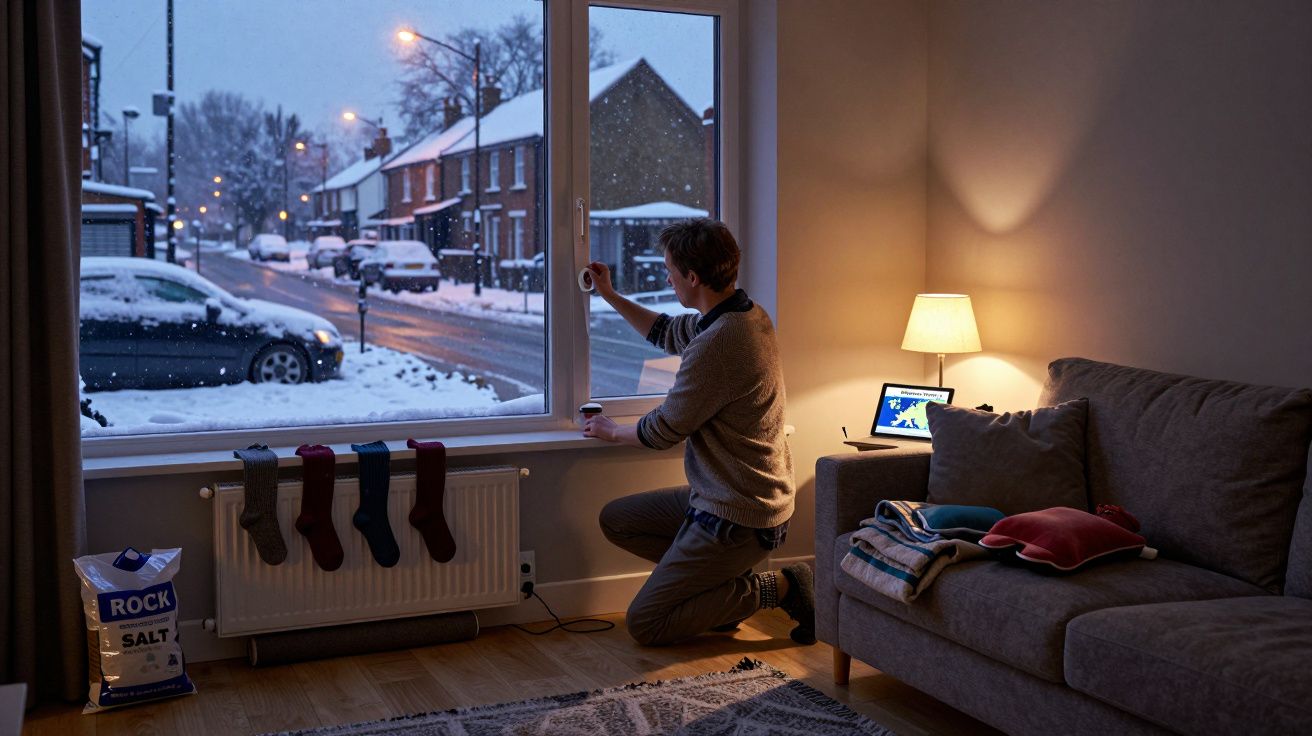 Hombre cerrando ventana mientras nieva afuera, calcetines colgados en el radiador y una lámpara encendida en la sala.
