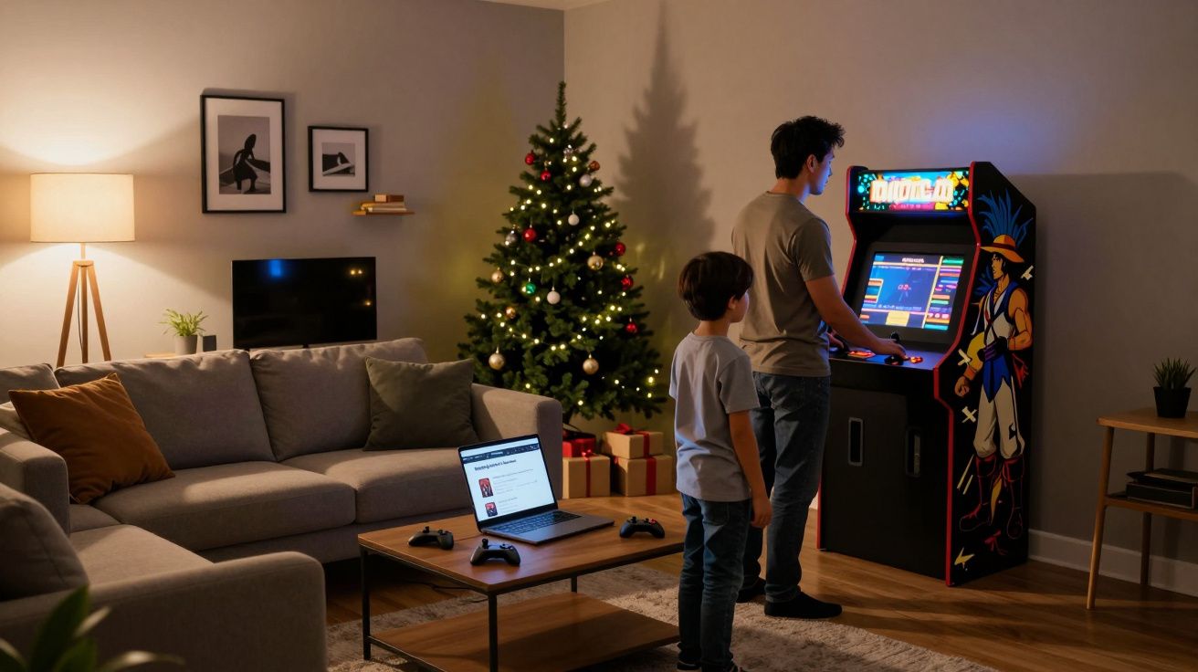 Hombre y niño jugando en máquina arcade en sala con árbol de Navidad decorado y ordenador portátil sobre la mesa.