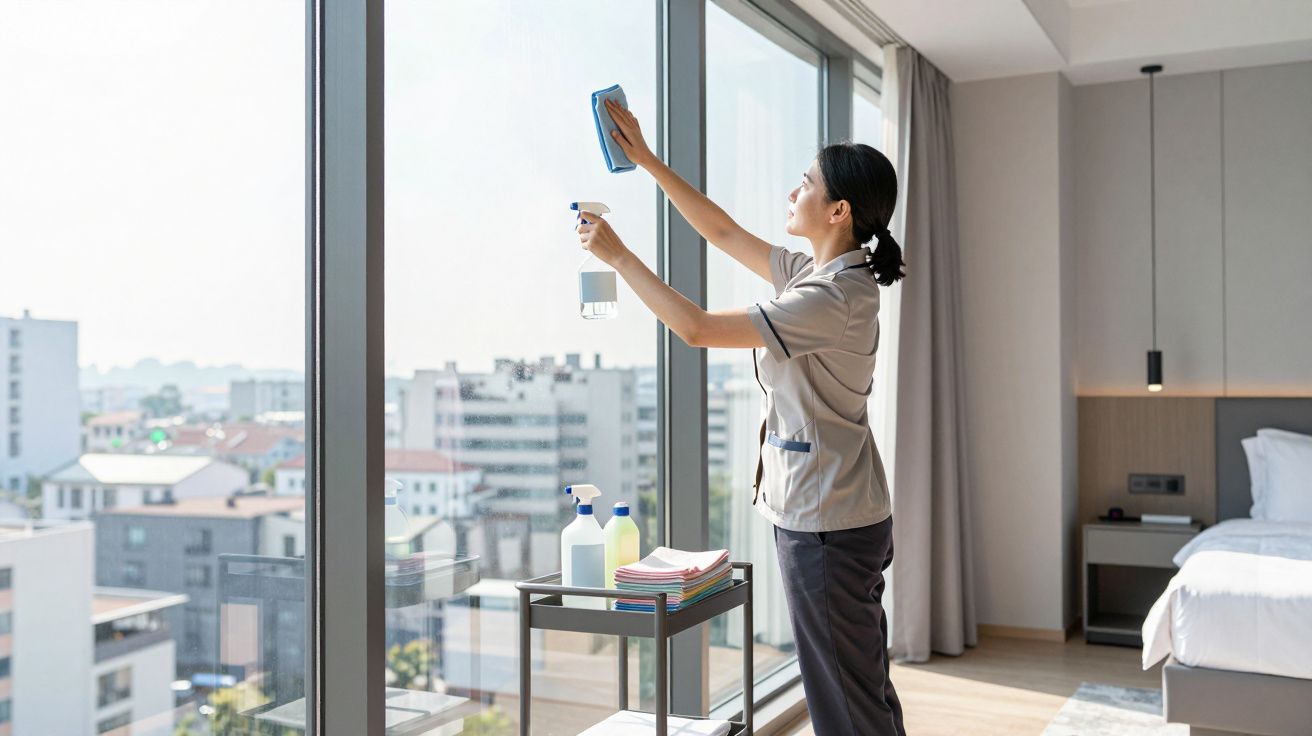 Persona limpiando ventana de hotel con paño y spray, carrito de limpieza al lado, vista urbana de fondo.