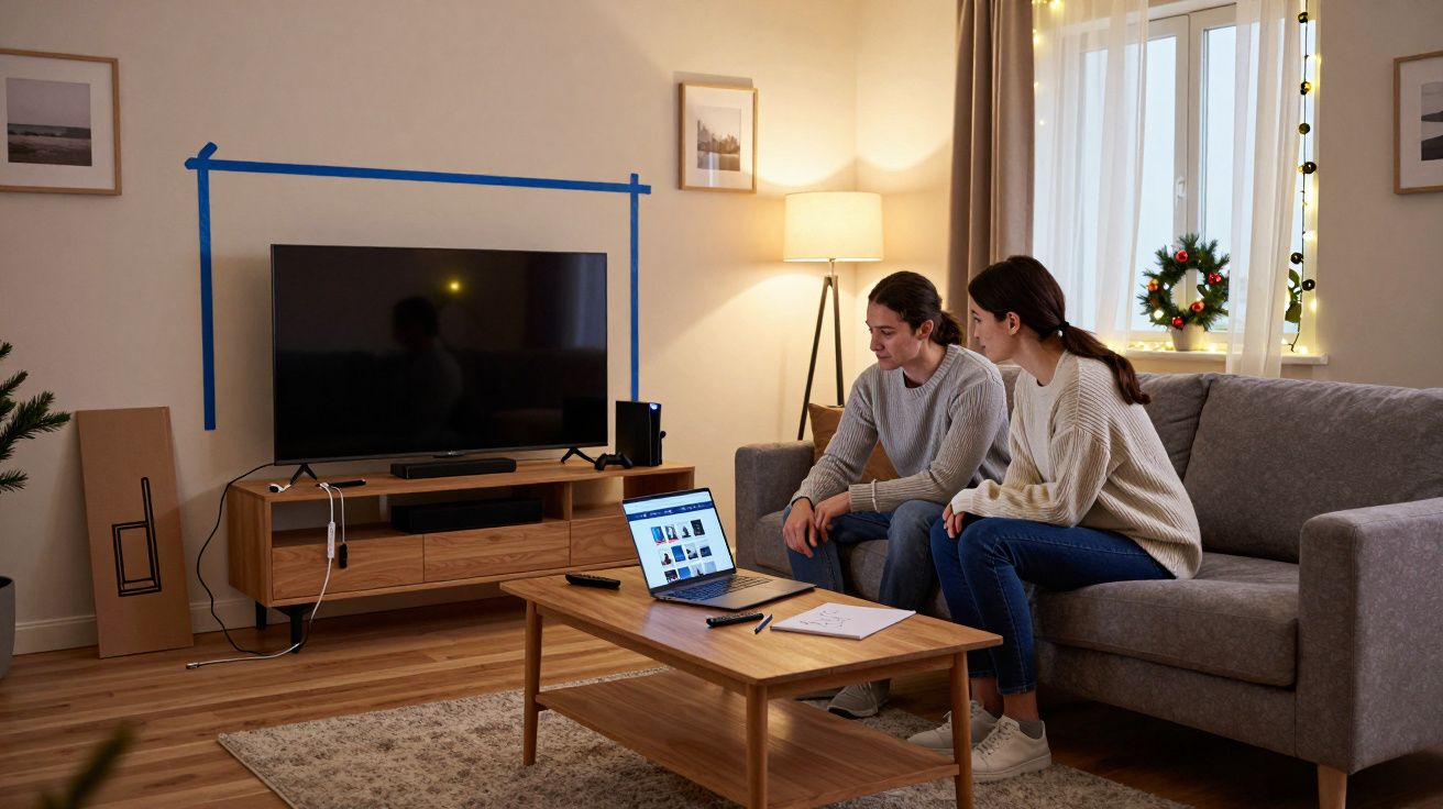 Pareja revisa planos en el portátil en salón con televisor, sofá gris y mesa de madera. Decoración navideña en ventana.