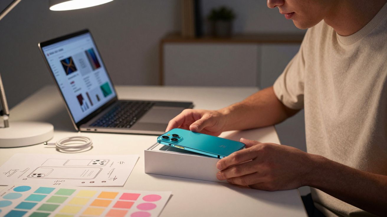 Persona desembalando un smartphone azul en una mesa con computadora portátil, hojas de colores y lámpara.