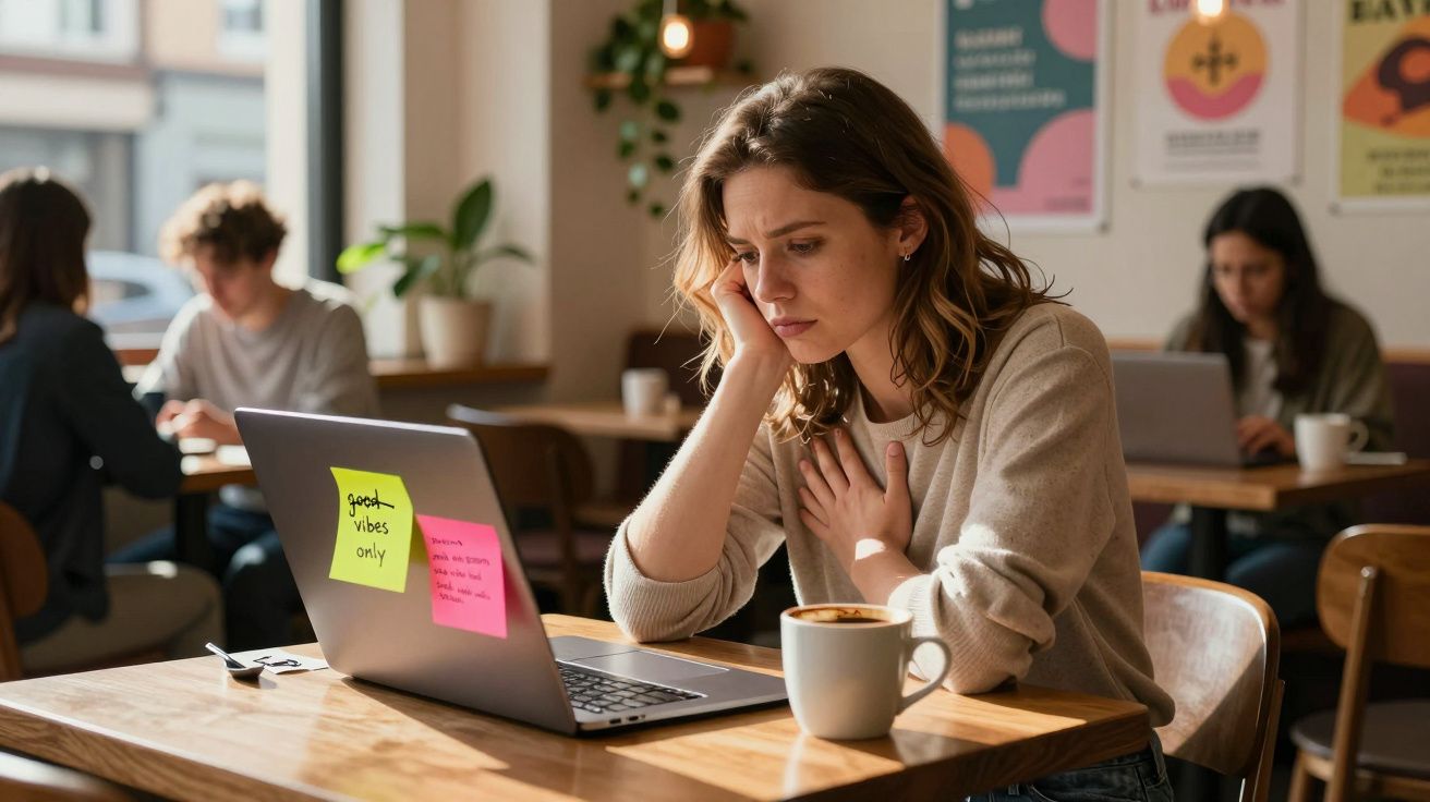 Mujer preocupada mirando su portátil en una cafetería, con una taza de café y notas adhesivas en el ordenador portátil.