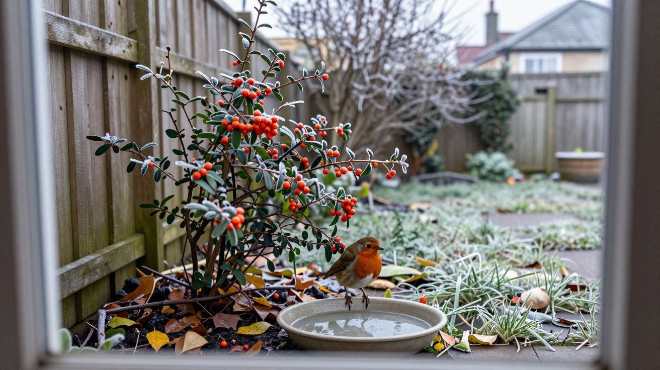Petirrojo posado junto a un arbusto con bayas rojas en un jardín cubierto de escarcha.
