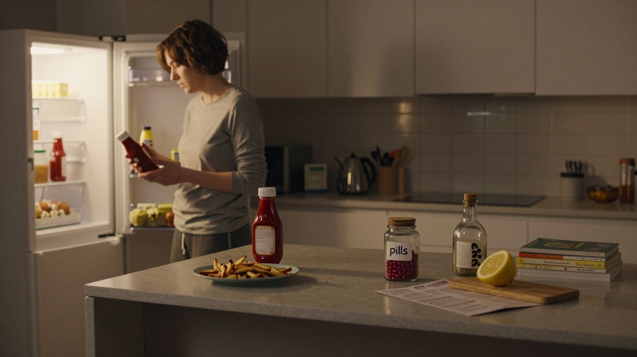 Mujer revisando nevera abierta en cocina. Encimera con frasco de pastillas, limón, botella y ketchup.