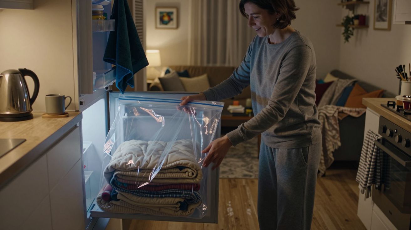 Mujer sonriente guarda mantas en una bolsa al vacío dentro de una nevera en una cocina moderna y acogedora.