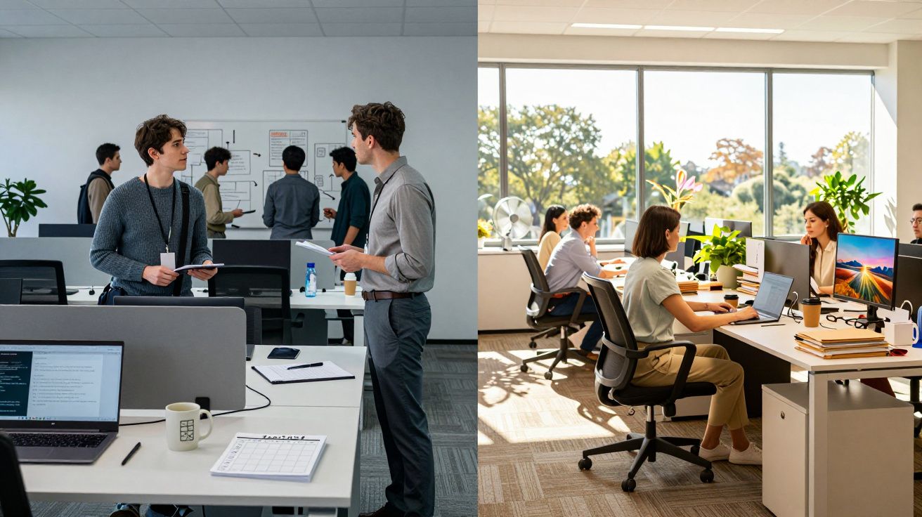 Oficina moderna dividida, una parte con reuniones y otra con empleados trabajando en escritorios.