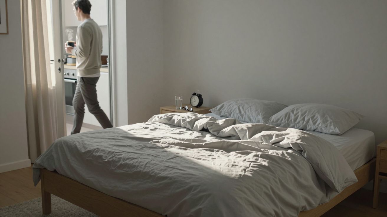 Cama deshecha en habitación luminosa; persona de pie en la puerta con una taza, despertador en la mesita.
