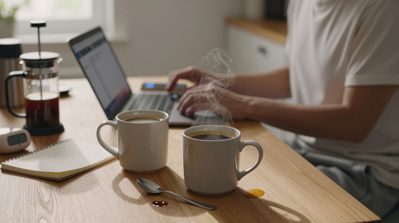 Tazas de café humeante en una mesa de madera, con una persona trabajando en un portátil al fondo.