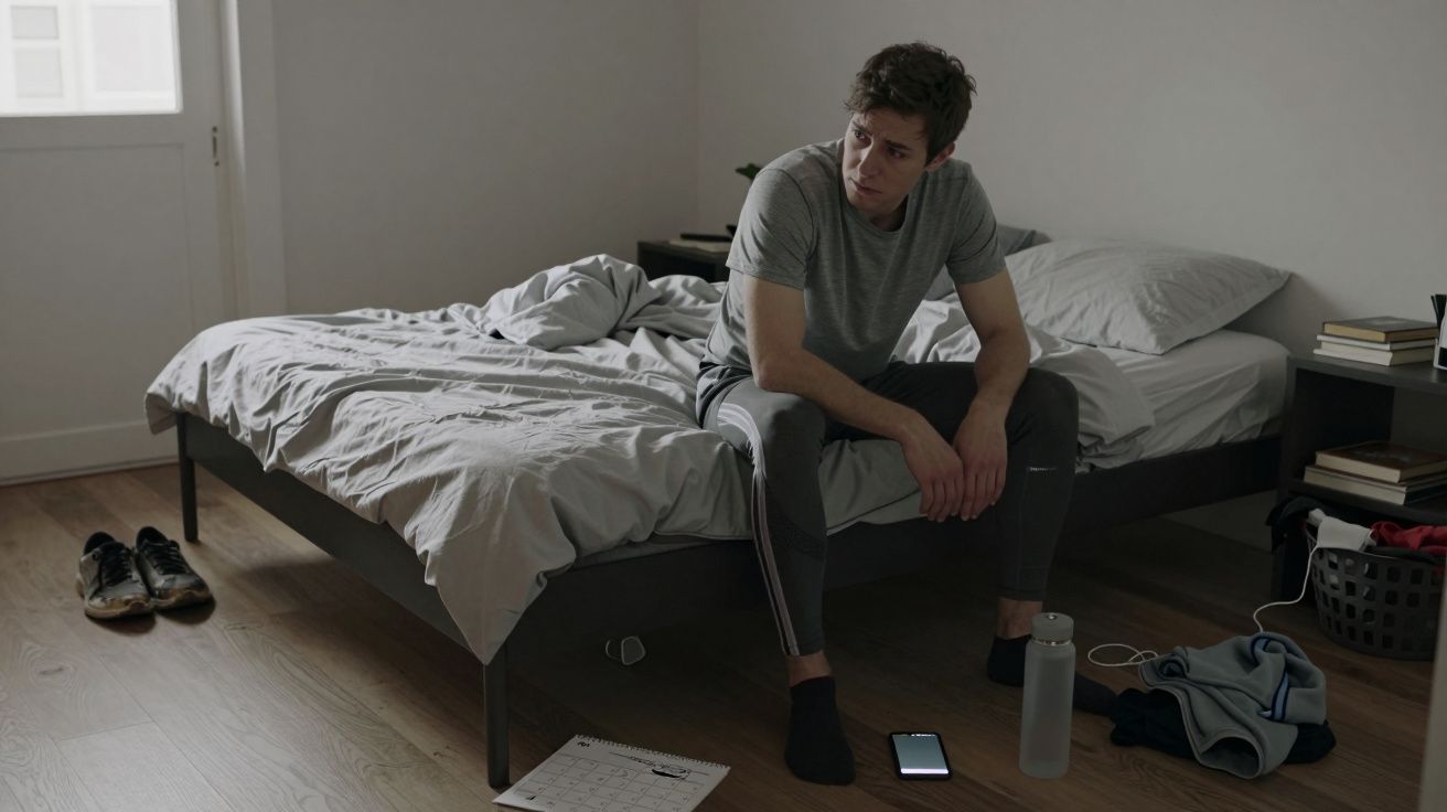 Hombre sentado en una cama desordenada en una habitación minimalista, rodeado de ropa deportiva, calendario y teléfono móvil.