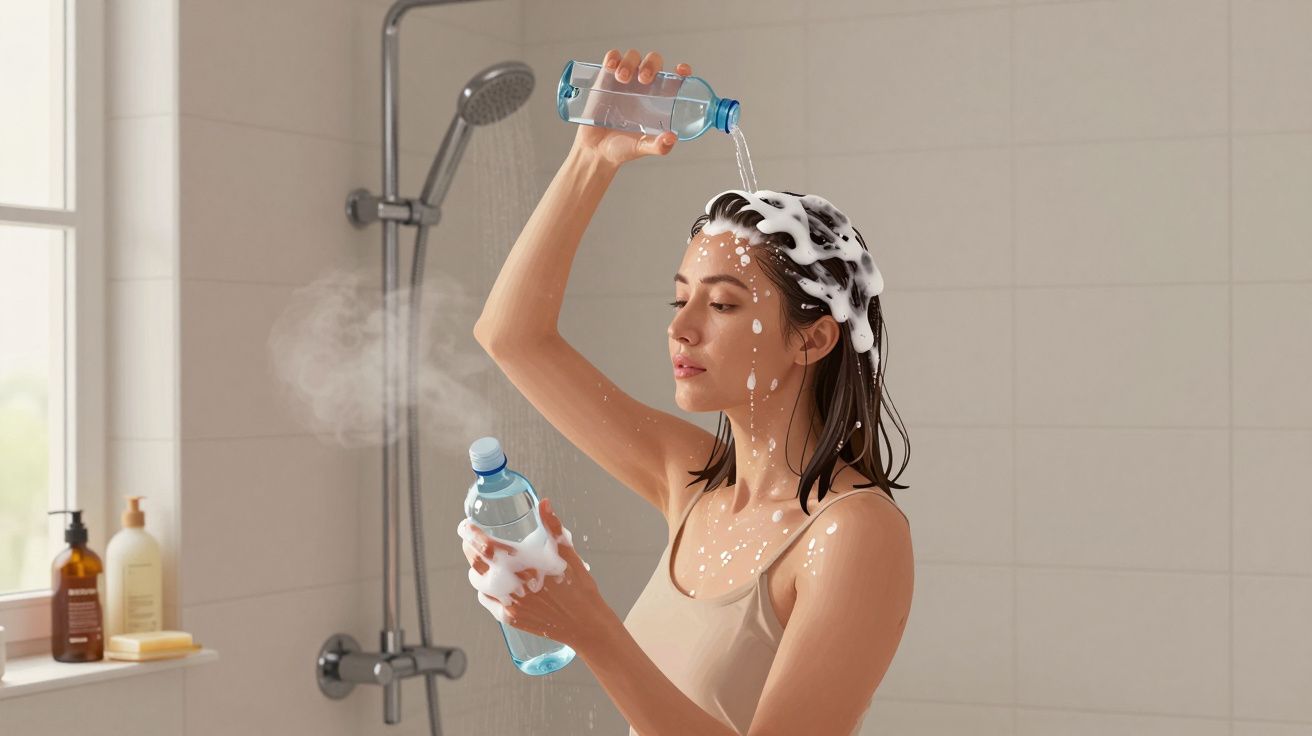 Mujer en la ducha aplicando champú con una botella, generando espuma en el cabello. Fondo de baño con estantes y artículos de