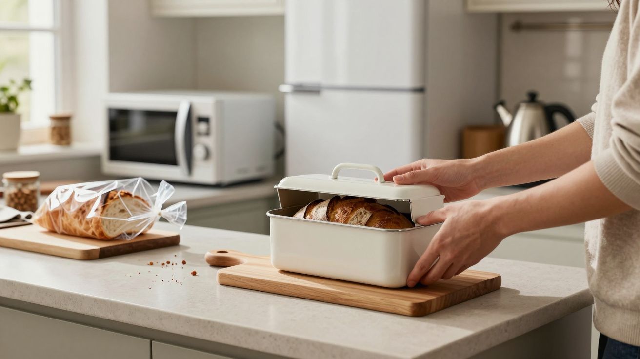 Persona colocando pan en una caja de almacenamiento en una cocina, con pan envasado y microondas al fondo.