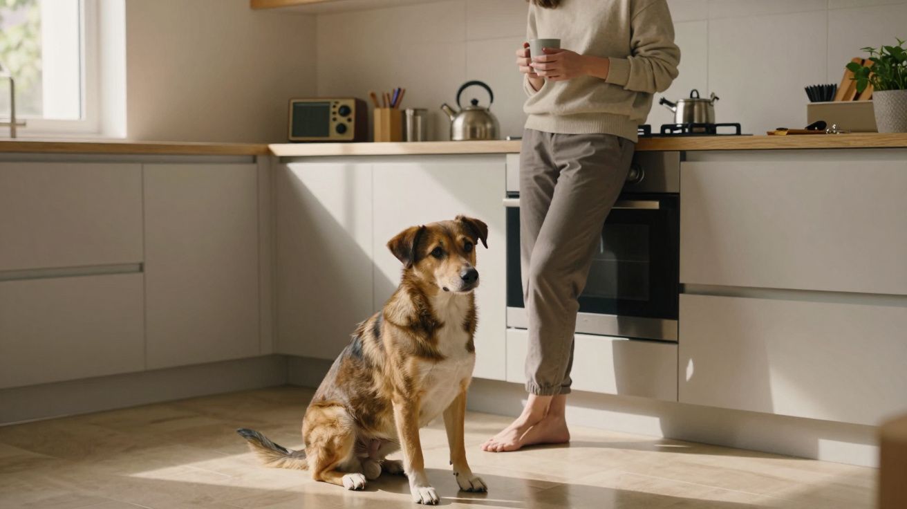 Perro sentado en la cocina junto a una persona que sostiene una taza, con luz natural entrando por la ventana.