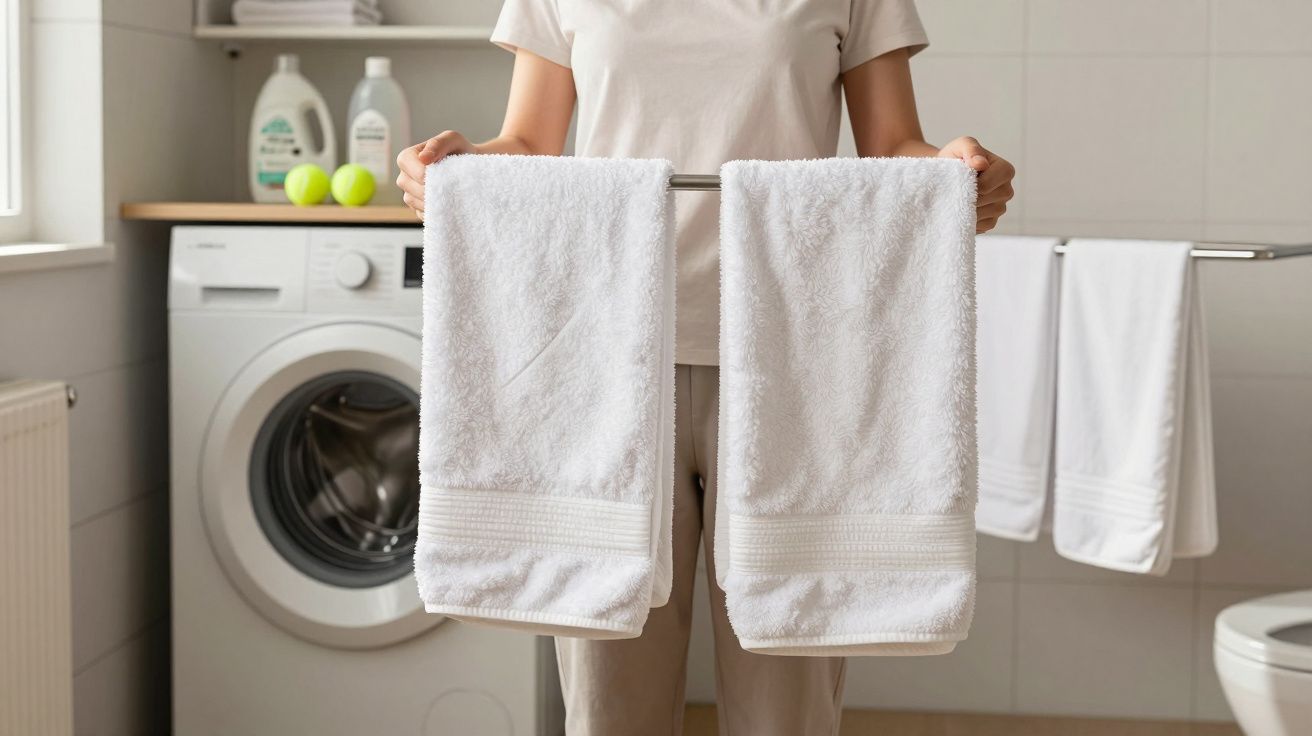 Persona sosteniendo dos toallas blancas en un baño, con lavadora y productos de limpieza al fondo.