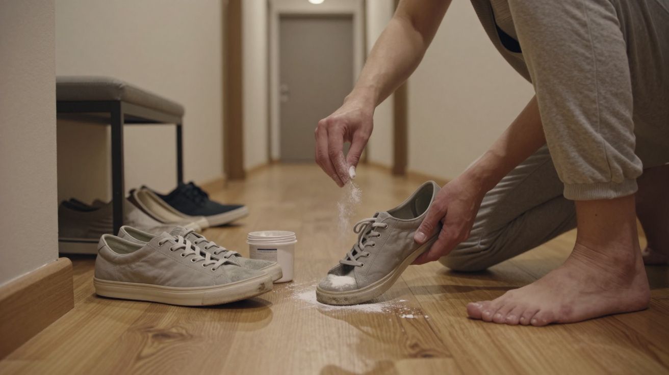 Persona aplicando polvo desodorante en zapatillas grises sobre suelo de madera en pasillo doméstico.