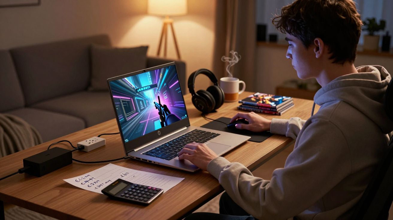Joven jugando videojuego en portátil, escritorio con auriculares, cuaderno y calculadora, en habitación iluminada.