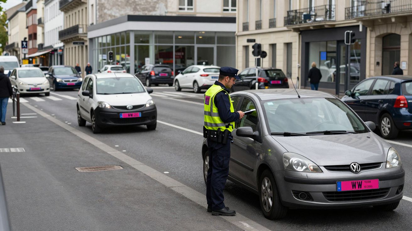 Policía detiene un coche Volkswagen en la calle, revisando documentos. Otros vehículos circulan por la vía urbana.