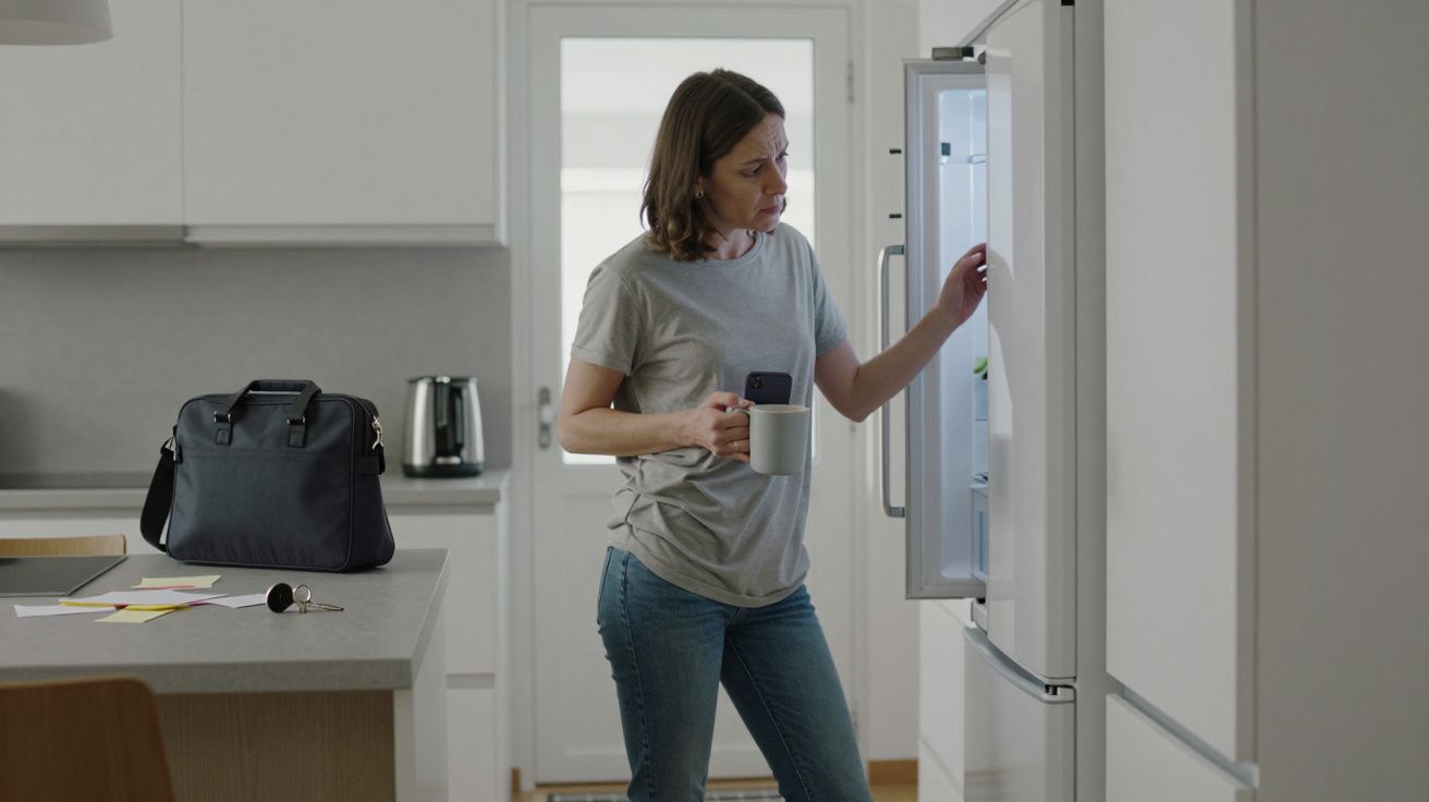 Mujer mirando el interior de una nevera abierta en la cocina, sosteniendo una taza y un móvil en la otra mano.
