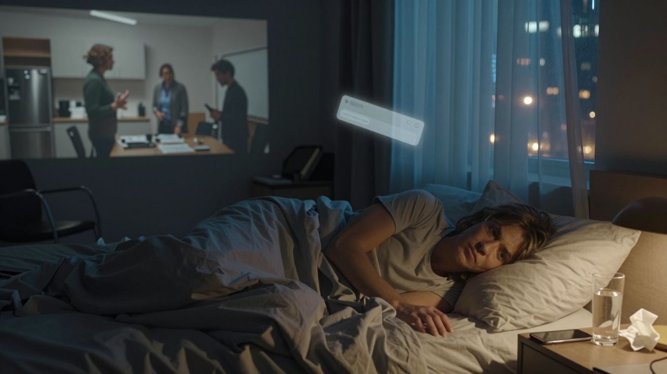 Hombre tumbado en la cama, mira una proyección de personas conversando en una oficina.