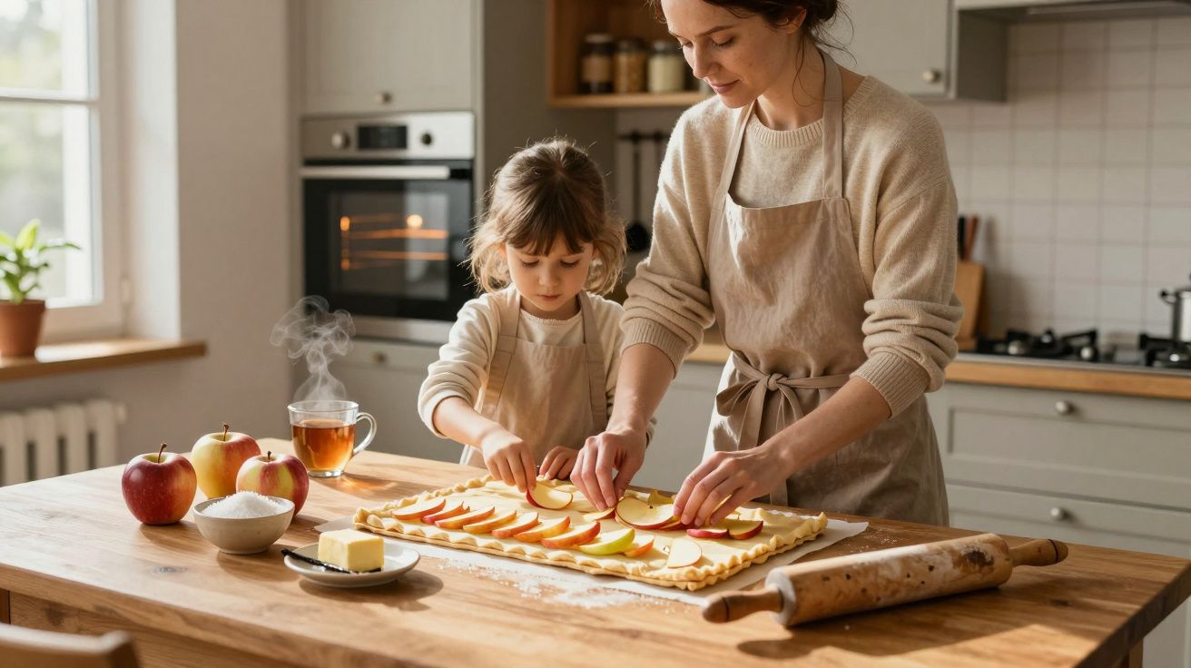 Madre e hija preparando una tarta de manzana en una cocina iluminada, rodeadas de ingredientes y utensilios.