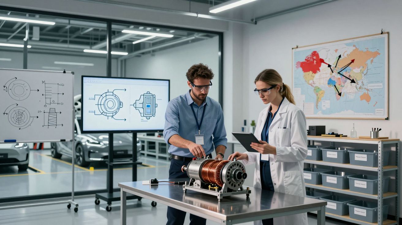 Dos ingenieros evalúan un motor eléctrico en un laboratorio moderno con diagramas en pizarras y pantallas.