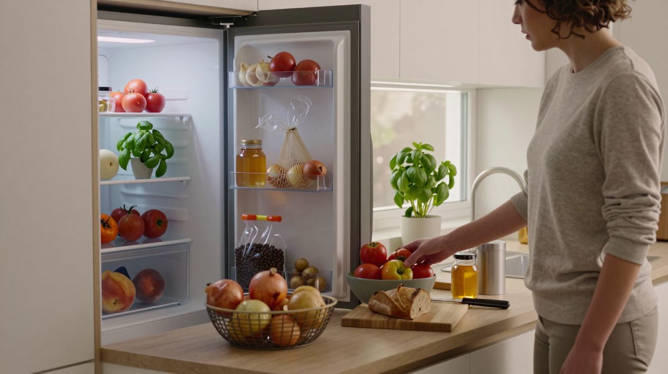 Persona sacando manzanas de una nevera llena de frutas y verduras en una cocina moderna.