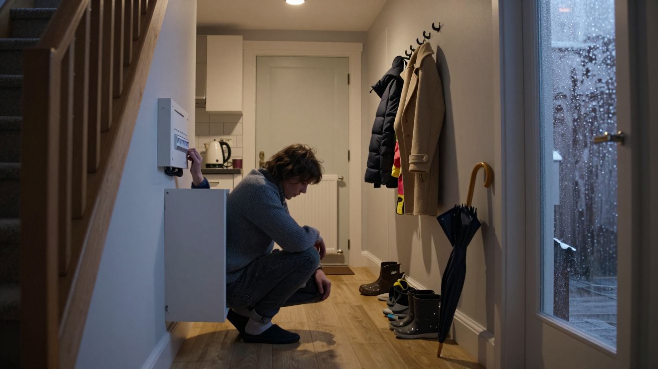 Hombre agachado frente a un cuadro eléctrico en un pasillo con abrigos, paraguas y botas junto a la puerta.