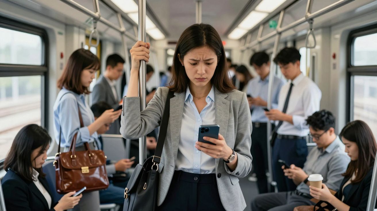 Mujer seria usando móvil en un vagón de metro lleno de pasajeros distraídos con sus teléfonos.