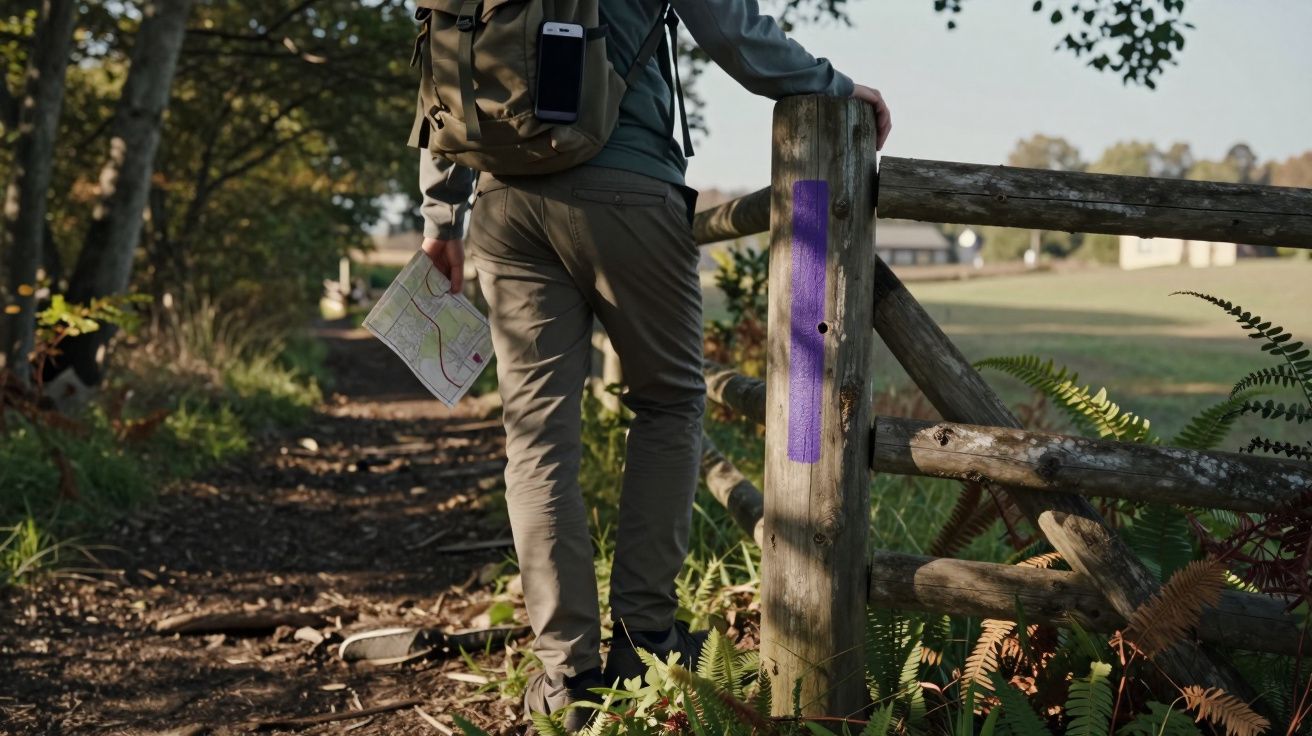 Persona con mochila y mapa en mano, junto a valla de madera en sendero rural, rodeada de árboles y helechos.