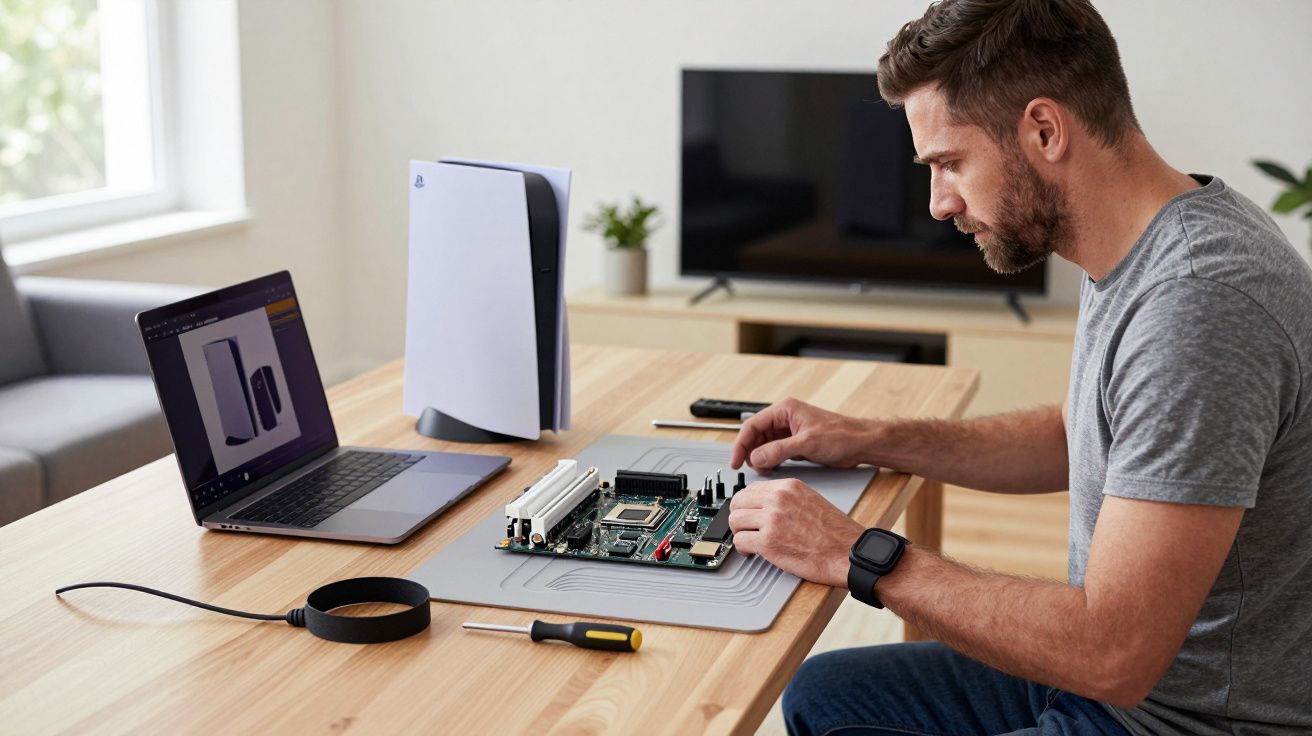 Hombre montando placa base en una mesa con portátil y consola al fondo en una sala de estar.