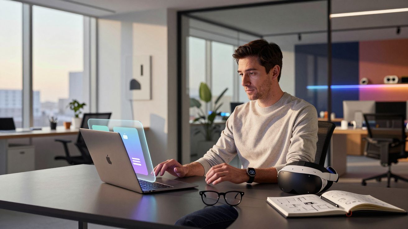 Hombre trabajando en portátil en oficina moderna con casco de realidad virtual y cuaderno en la mesa.