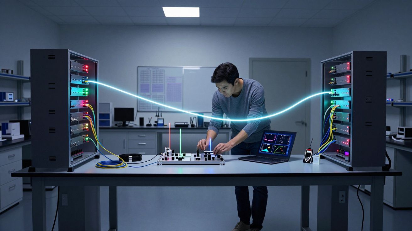 Persona en laboratorio trabajando con equipos electrónicos, rodeado de cables y luces, observando ordenador portátil.
