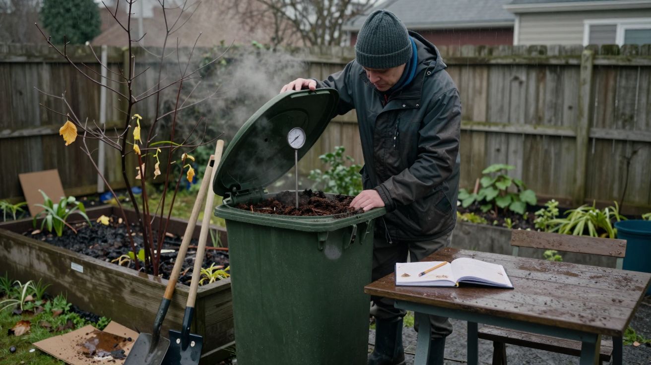 Persona revisando el compost en un contenedor verde con un termómetro, en un jardín con herramientas y una libreta sobre la m