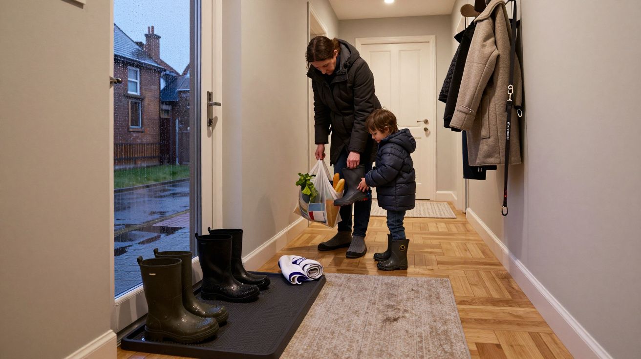 Padre e hijo en el recibidor con botas de lluvia, cerca de la puerta de entrada, un día lluvioso.